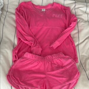 VS Pink French terry shorts and sweatshirt